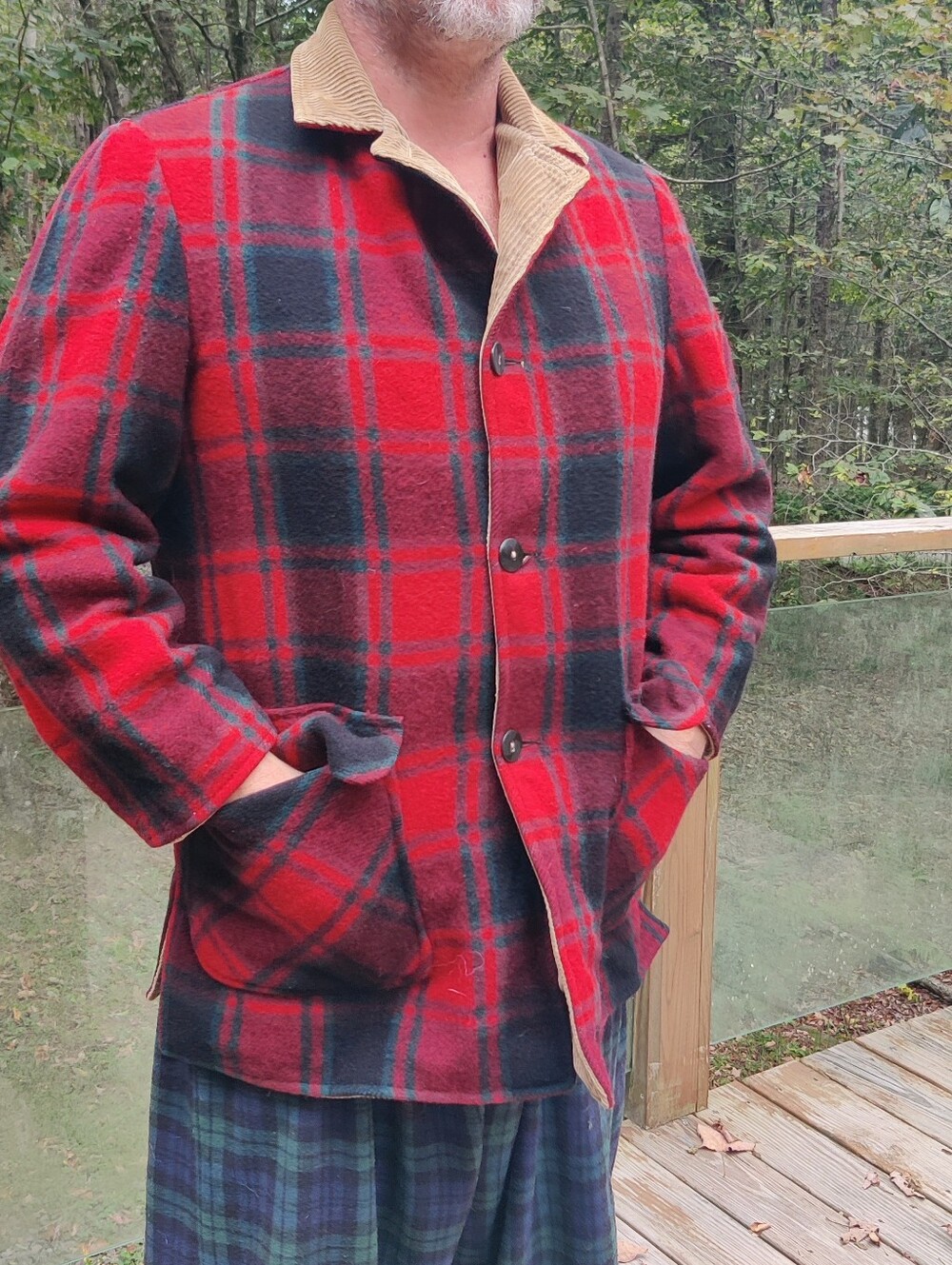50s Reversible Car Coat Mens L Tan Corduroy Red Plaid Wool Flannel Satin Pockets